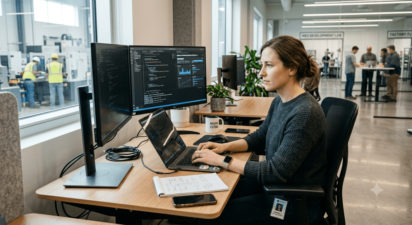 Software engineer writing manufacturing execution system code on a dual monitor setup beside the factory floor