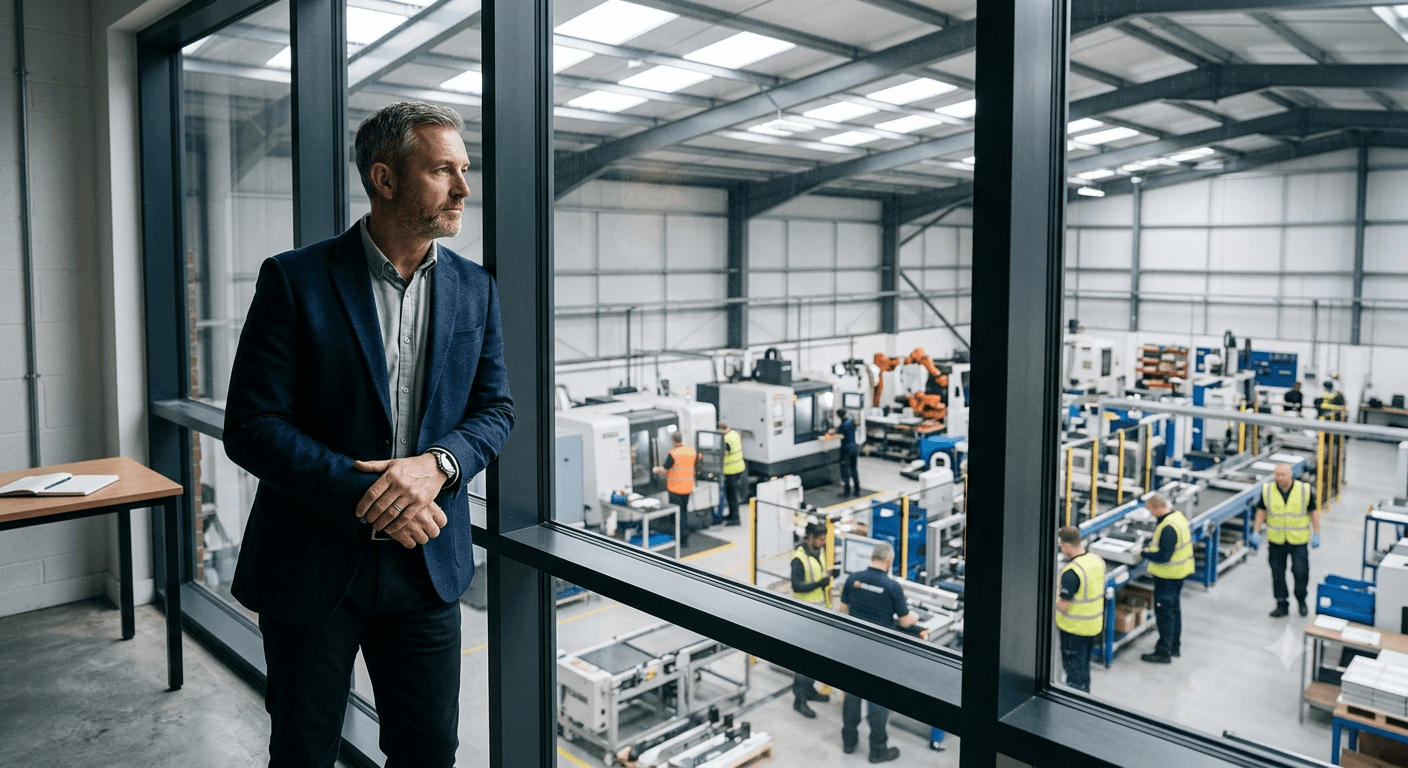 Director looking out from a mezzanine office window over a production hall of CNC machines and assembly lines